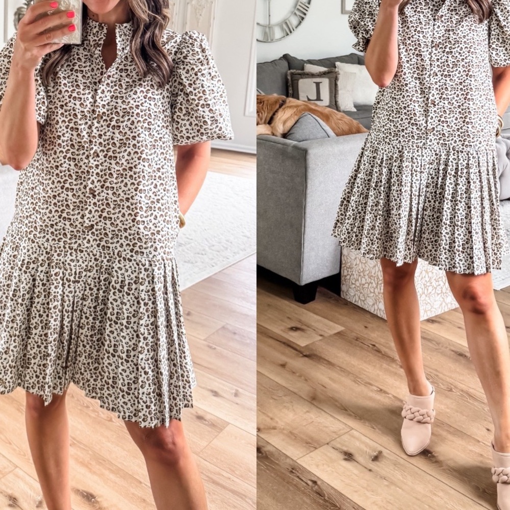 Leopard print Button-Down Pleated Skirt Dress